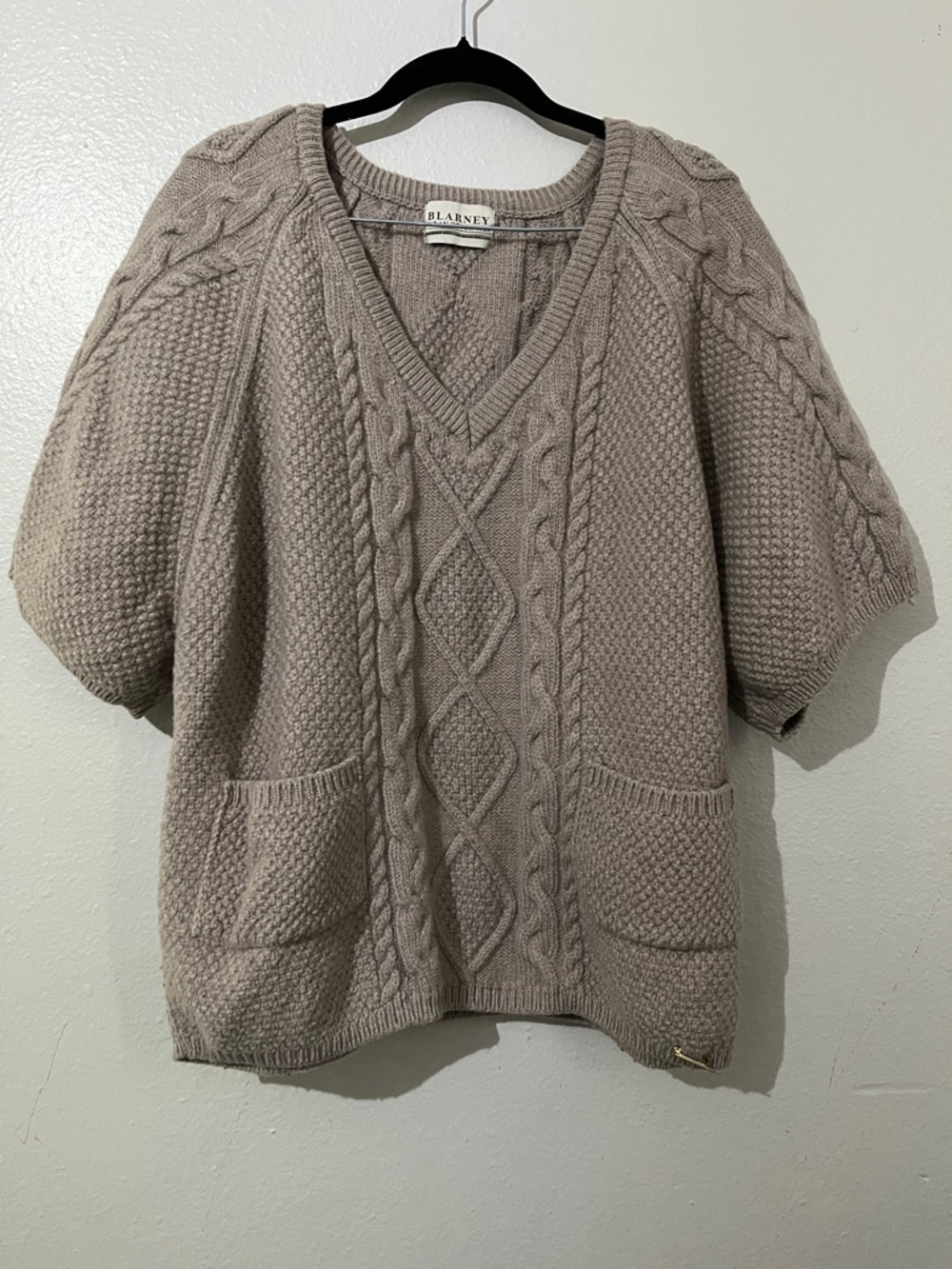 Blarney 100% Merino Wool Aran Cable Knit Short Sleeve Sweater/Cardigan
